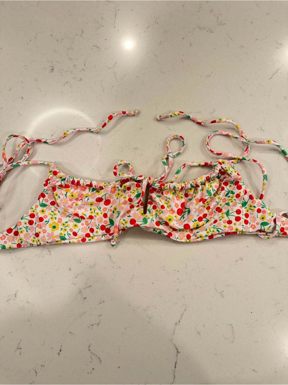 Skatie Demi Floral Cherry Print Bikini Top in White, Red, Green, Yellow, Pink xs